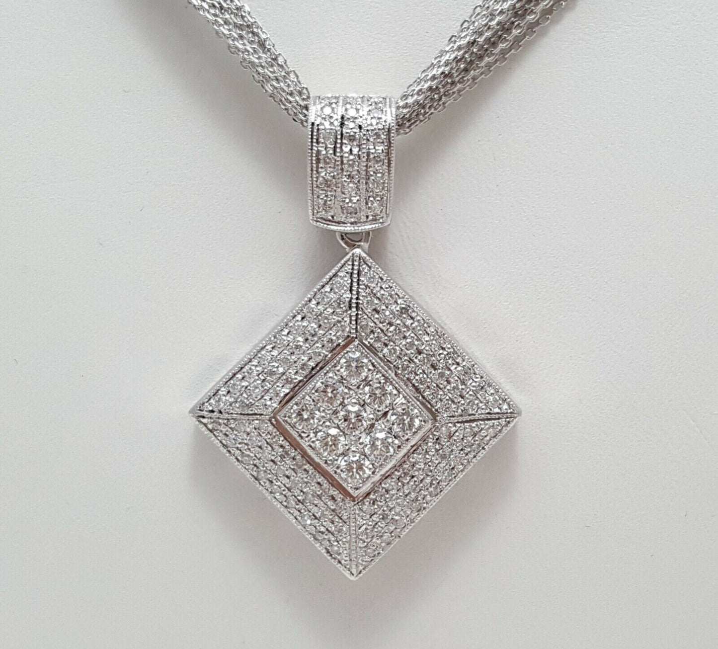 14K White Gold Multi Layer Link Chain Necklace Diamond Charm Pendant