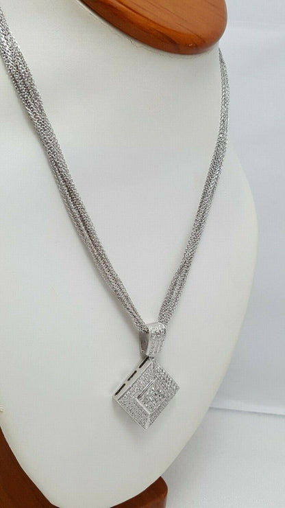 14K White Gold Multi Layer Link Chain Necklace Diamond Charm Pendant