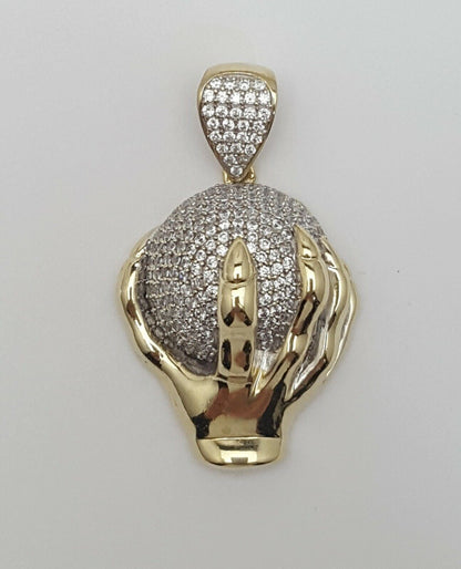 10K Yellow Gold Hand Holding Globe World Cubic Zirconia Charm Pendant