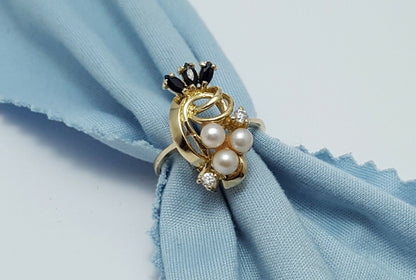 14K  Solid Yellow Gold Designer Ladies Ring with CZ's, Onyx & Pearls