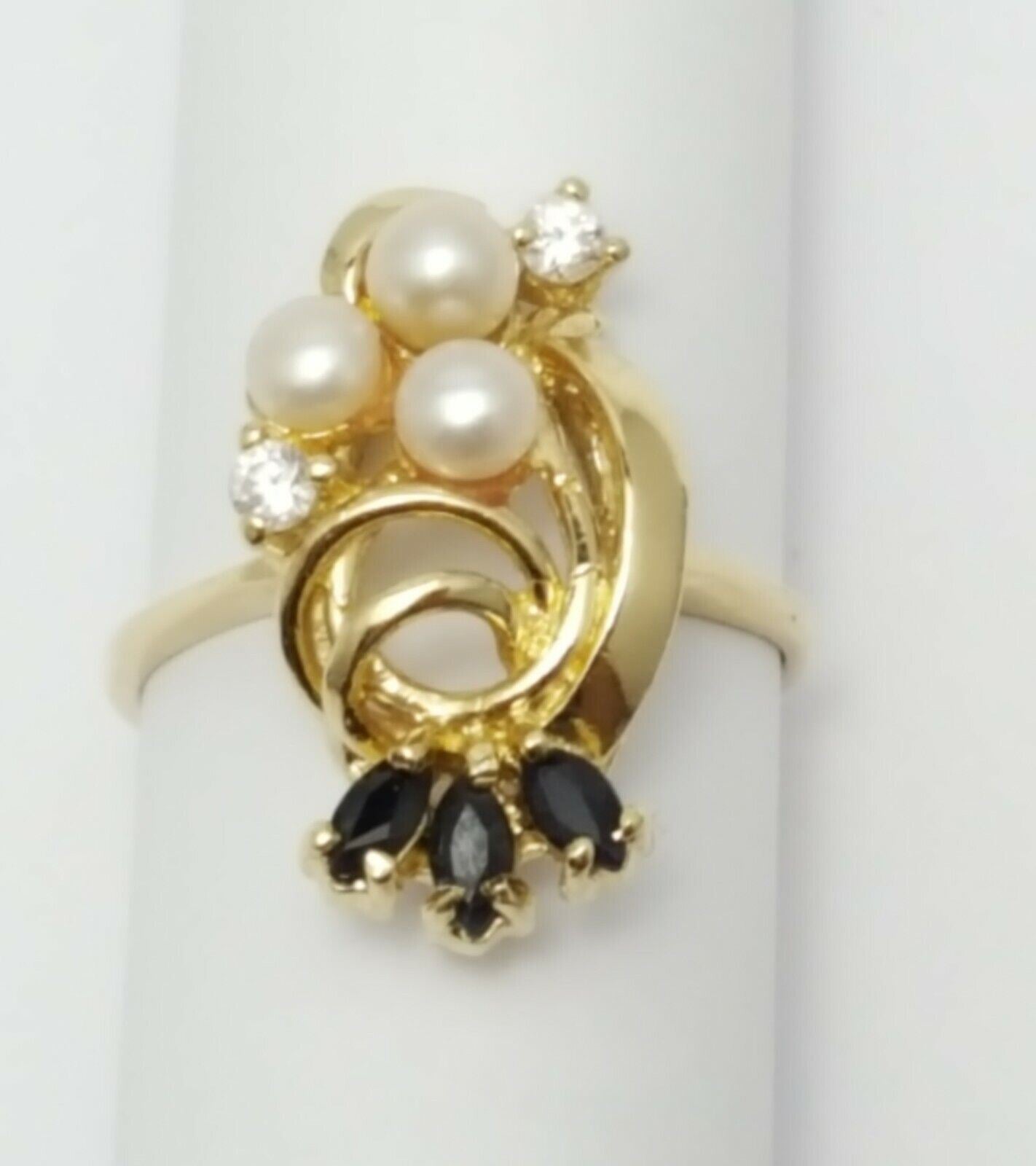 14K  Solid Yellow Gold Designer Ladies Ring with CZ's, Onyx & Pearls