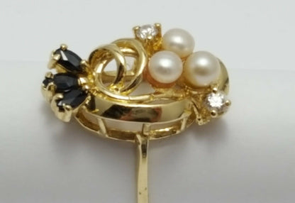 14K  Solid Yellow Gold Designer Ladies Ring with CZ's, Onyx & Pearls