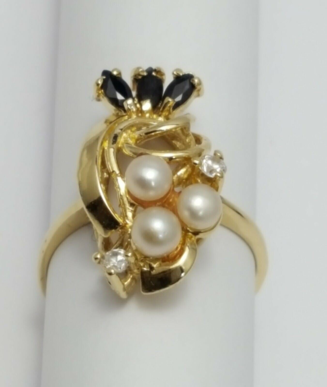 14K  Solid Yellow Gold Designer Ladies Ring with CZ's, Onyx & Pearls