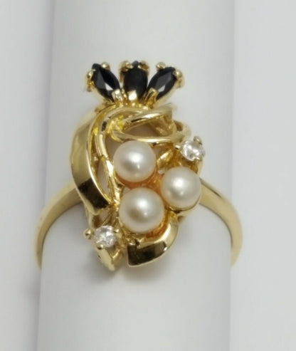 14K  Solid Yellow Gold Designer Ladies Ring with CZ's, Onyx & Pearls