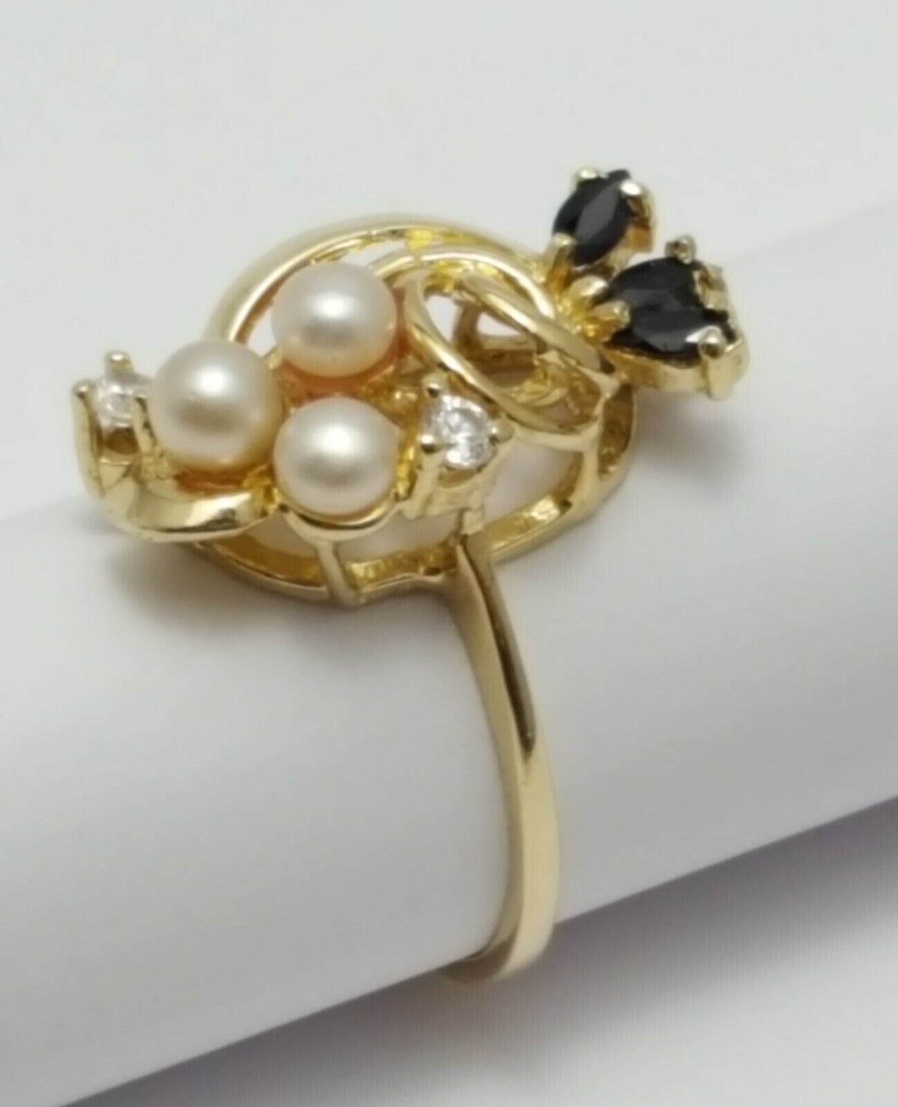 14K  Solid Yellow Gold Designer Ladies Ring with CZ's, Onyx & Pearls