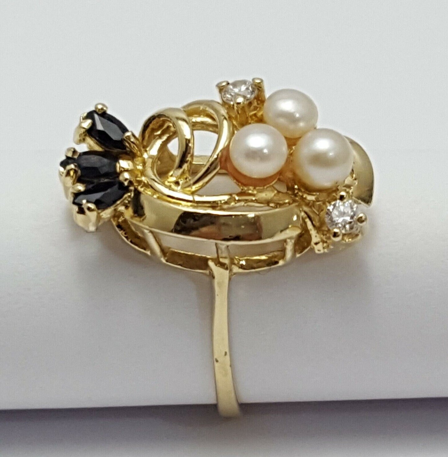 14K  Solid Yellow Gold Designer Ladies Ring with CZ's, Onyx & Pearls