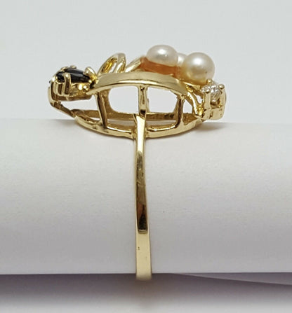 14K  Solid Yellow Gold Designer Ladies Ring with CZ's, Onyx & Pearls