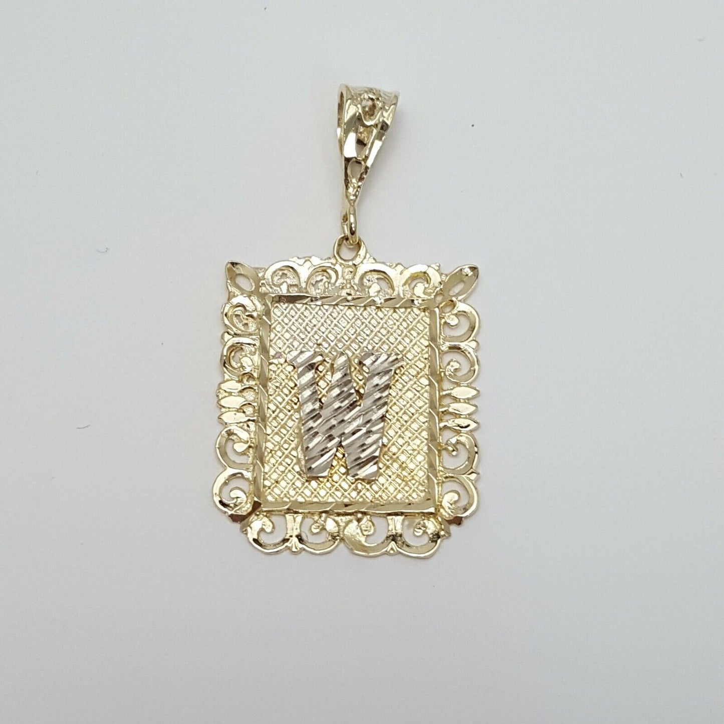 14K Solid Two Tone Initial Letter " W " Charm Pendant