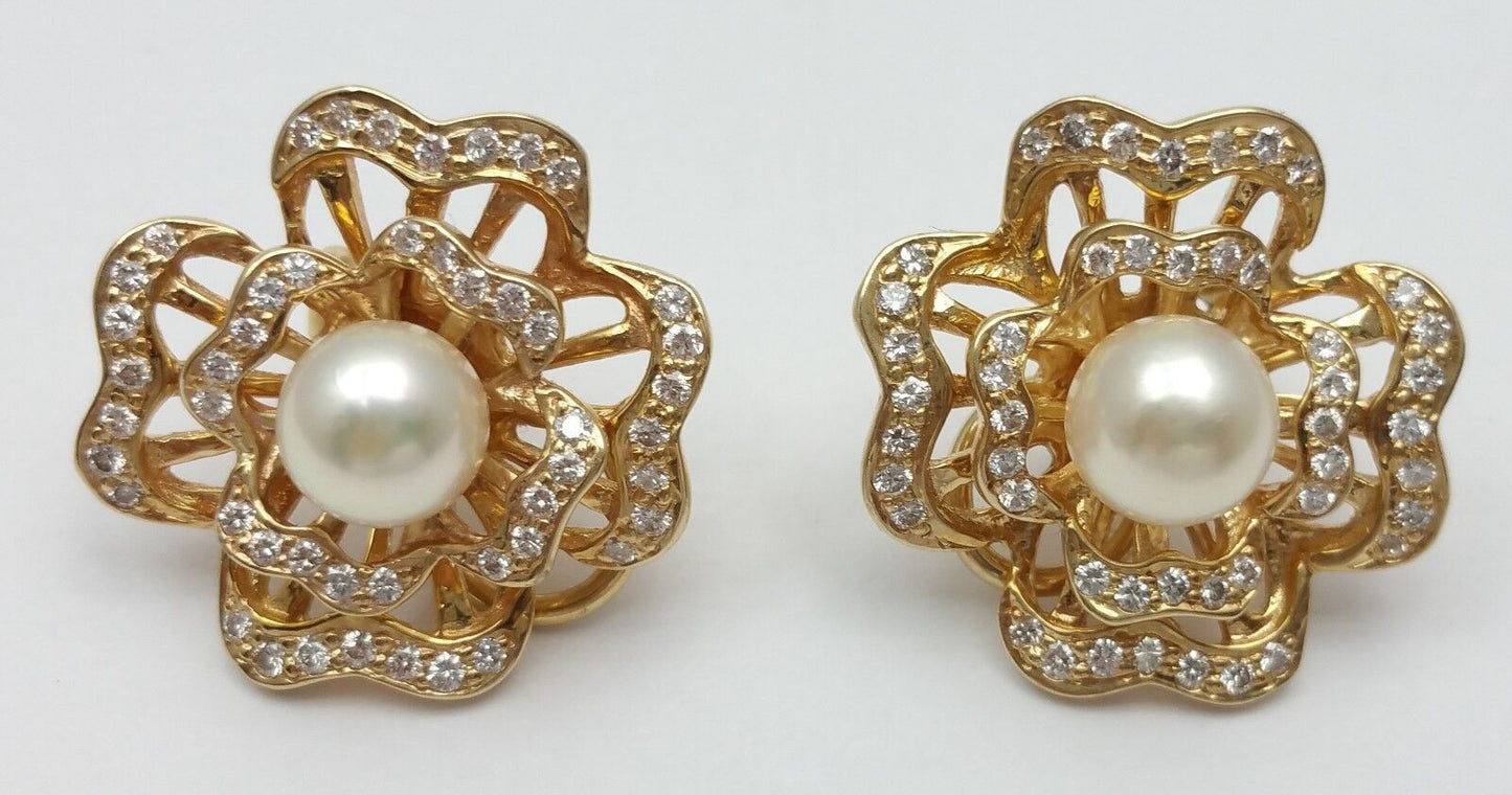 Elegant 14K Karat Solid Yellow Gold Clover Pearl & Diamond Earring's