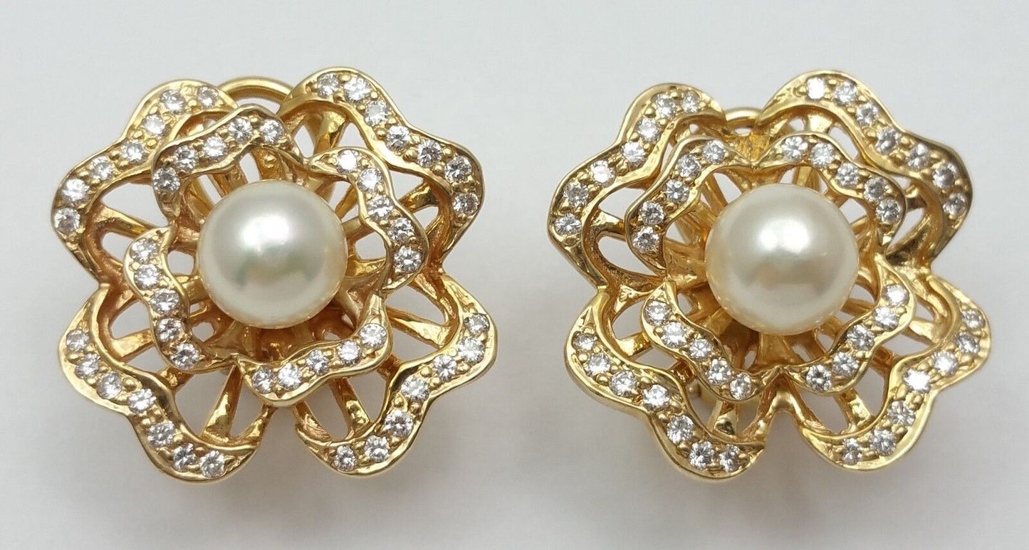 Elegant 14K Karat Solid Yellow Gold Clover Pearl & Diamond Earring's