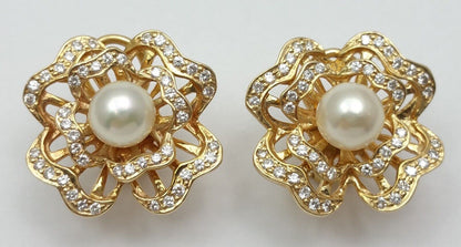 Elegant 14K Karat Solid Yellow Gold Clover Pearl & Diamond Earring's