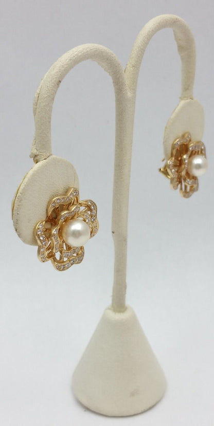 Elegant 14K Karat Solid Yellow Gold Clover Pearl & Diamond Earring's