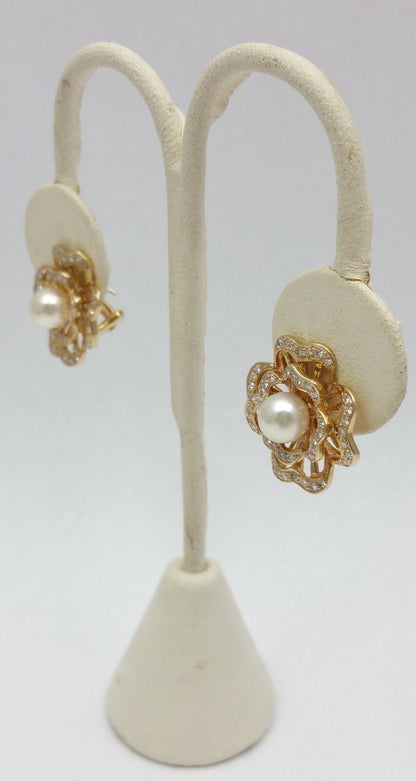 Elegant 14K Karat Solid Yellow Gold Clover Pearl & Diamond Earring's