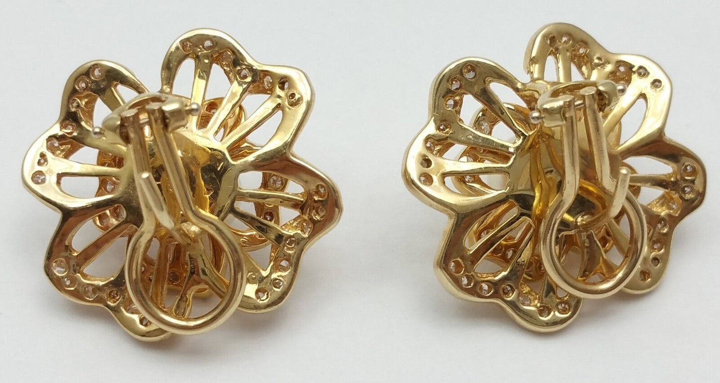 Elegant 14K Karat Solid Yellow Gold Clover Pearl & Diamond Earring's