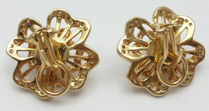 Elegant 14K Karat Solid Yellow Gold Clover Pearl & Diamond Earring's