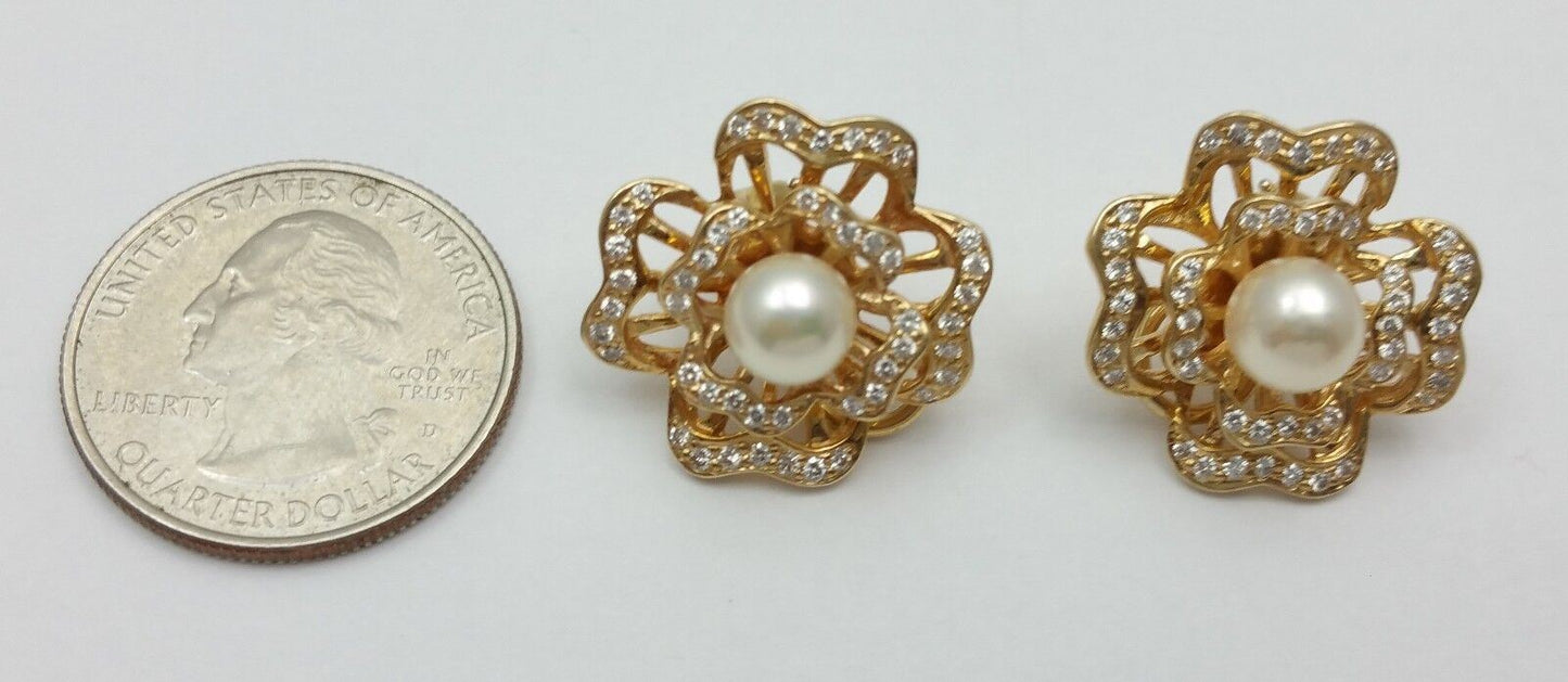 Elegant 14K Karat Solid Yellow Gold Clover Pearl & Diamond Earring's