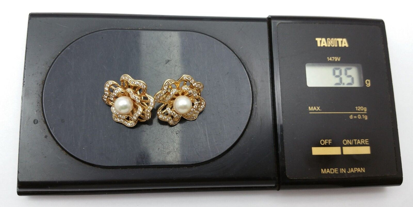 Elegant 14K Karat Solid Yellow Gold Clover Pearl & Diamond Earring's