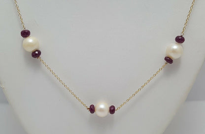 14K Yellow Gold Pearl & Ruby Link Chain Necklace