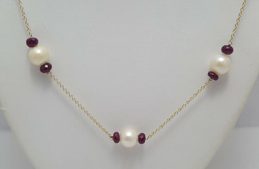 14K Yellow Gold Pearl Necklace with Rubies 19 1/4