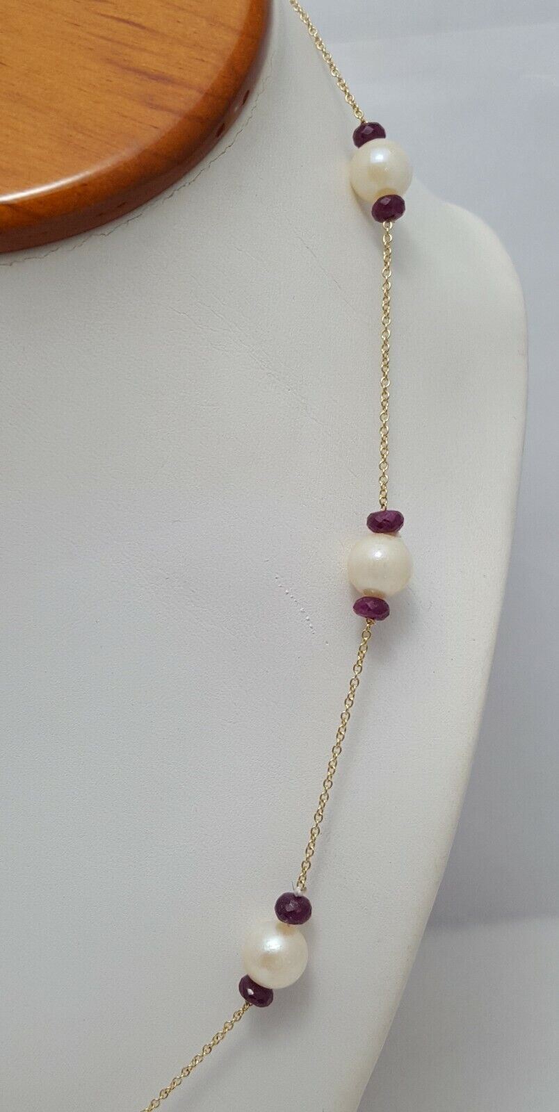 14K Yellow Gold Pearl & Ruby Link Chain Necklace