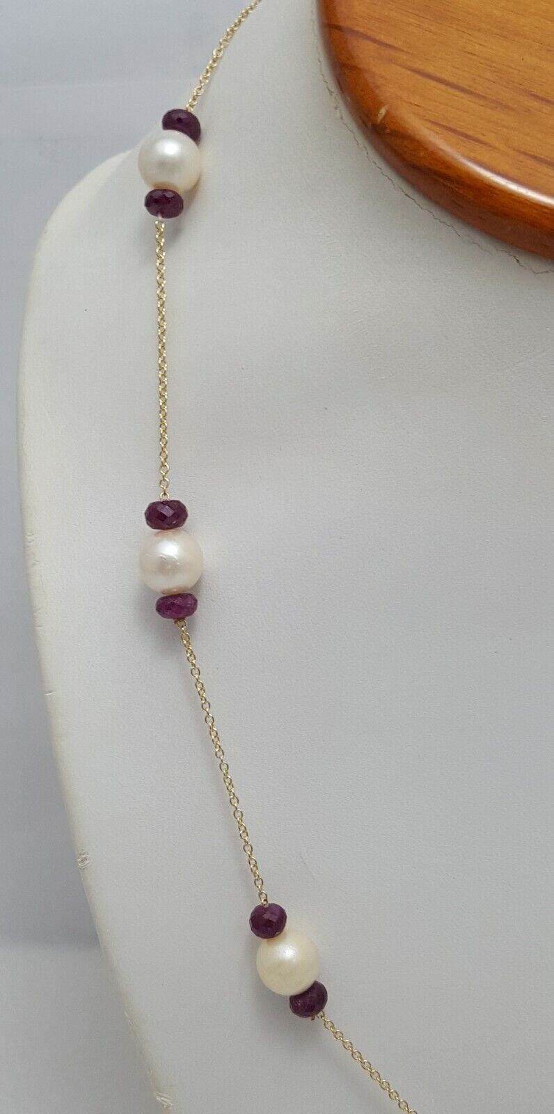 14K Yellow Gold Pearl & Ruby Link Chain Necklace