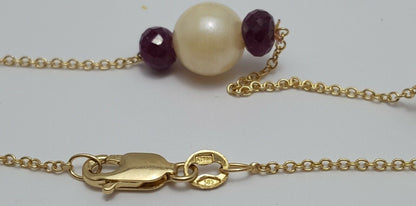 14K Yellow Gold Pearl & Ruby Link Chain Necklace