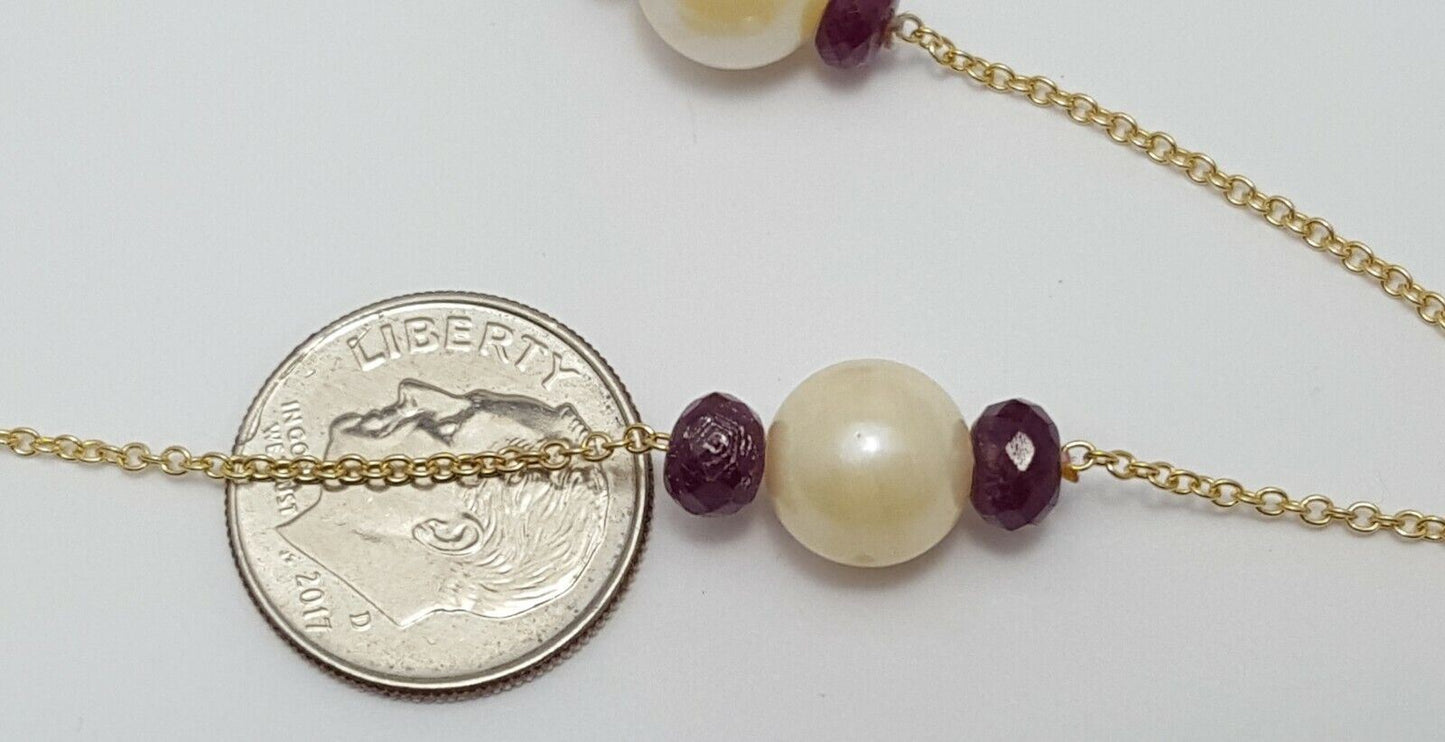 14K Yellow Gold Pearl & Ruby Link Chain Necklace