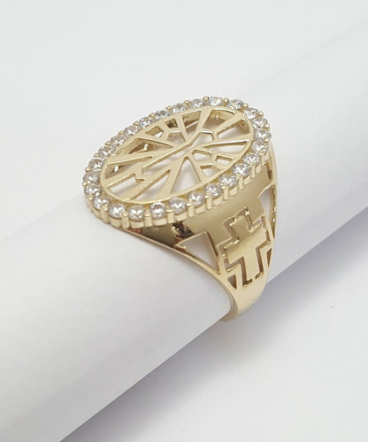 14K  Yellow Gold Designer Religious Cross Ring with Cubic Zirconias