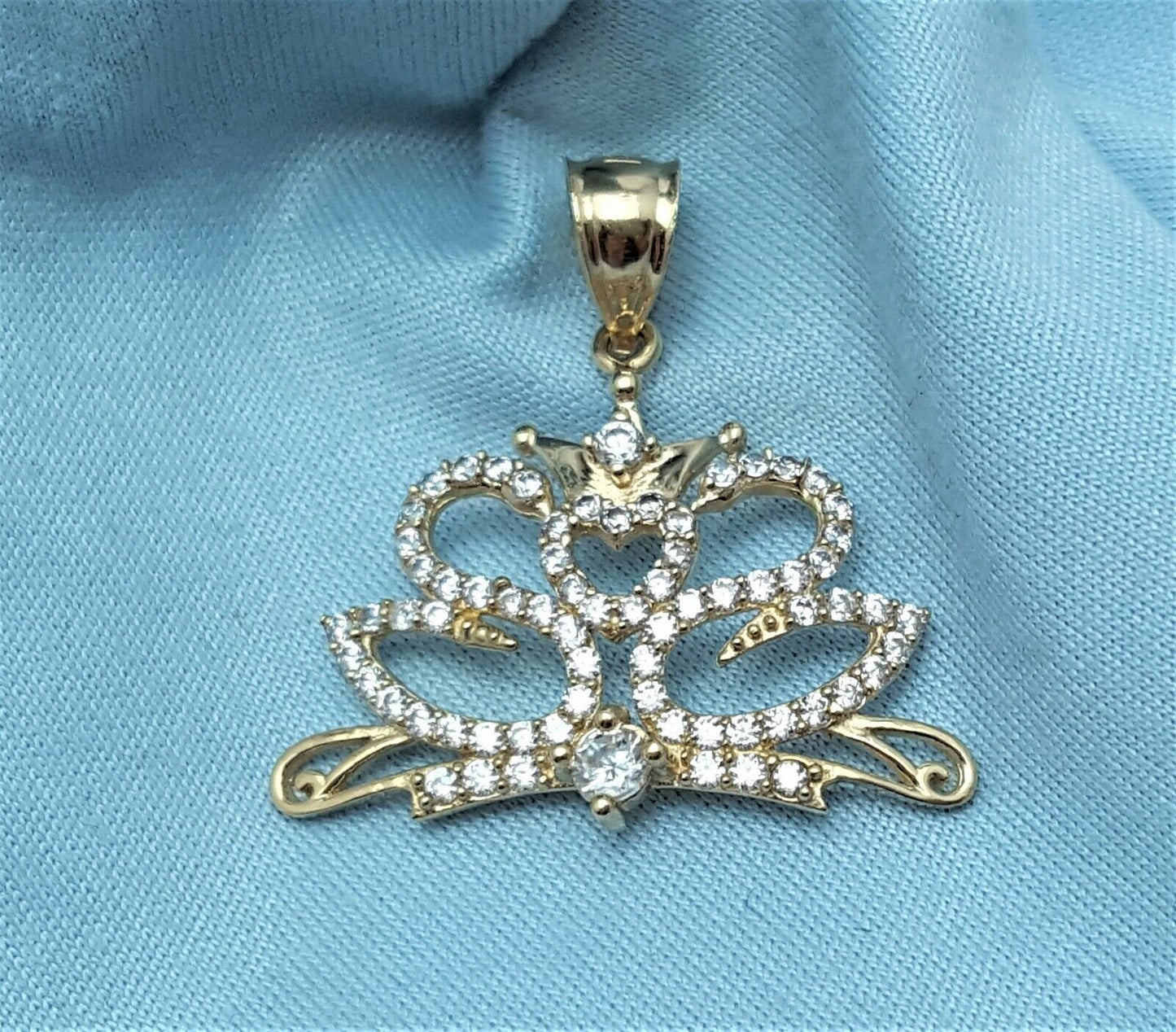 14K Solid Yellow Gold Tiara Crown Heart Cubic Zirconia Charm Pendant