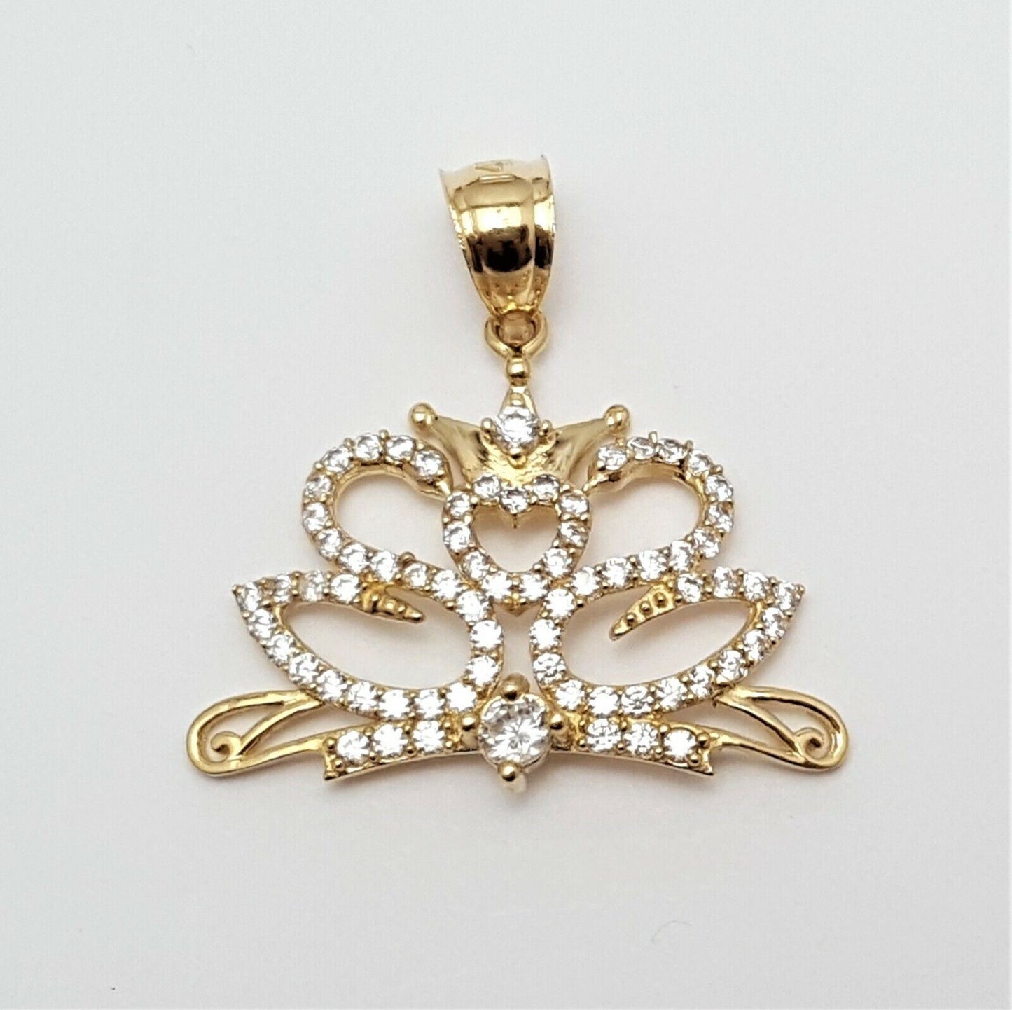 14K Solid Yellow Gold Tiara Crown Heart Cubic Zirconia Charm Pendant