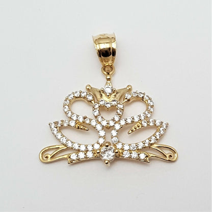 14K Solid Yellow Gold Tiara Crown Heart Cubic Zirconia Charm Pendant