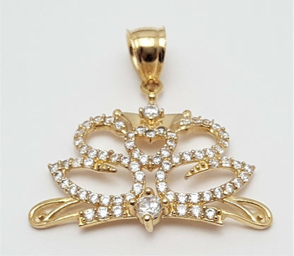 14K Solid Yellow Gold Tiara Crown Heart Cubic Zirconia Charm Pendant