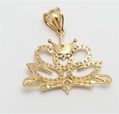 14K Solid Yellow Gold Tiara Crown Heart Cubic Zirconia Charm Pendant