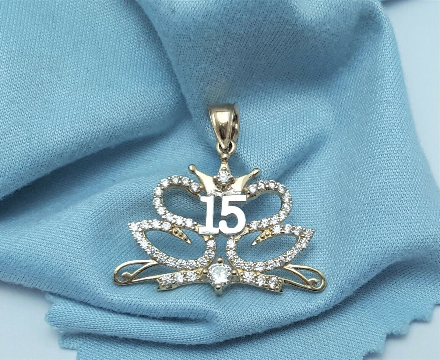 14K Two Tone Cubic Zirconia Quinceanera " 15 " Pendant Charm