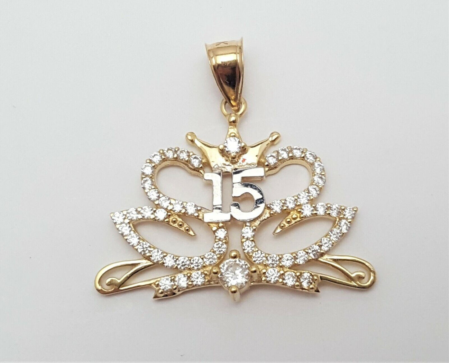 14K Two Tone Cubic Zirconia Quinceanera " 15 " Pendant Charm