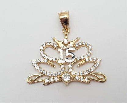 14K Two Tone Cubic Zirconia Quinceanera " 15 " Pendant Charm