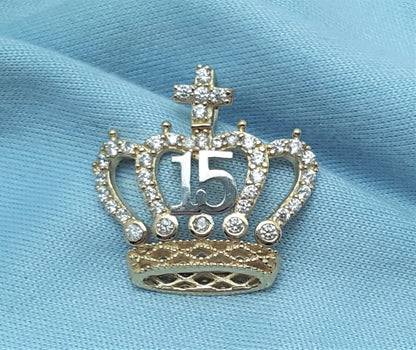 14K Two Tone Cubic Zirconia Quinceanera Crown Tiara 15 Charm Pendant