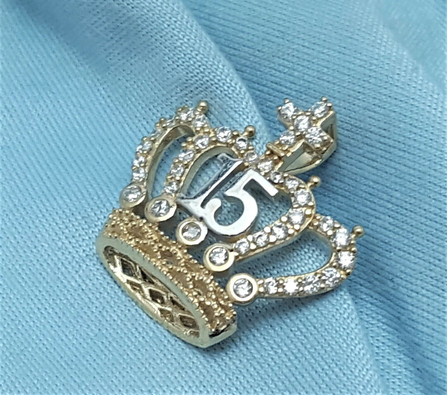 14K Two Tone Cubic Zirconia Quinceanera Crown Tiara 15 Charm Pendant