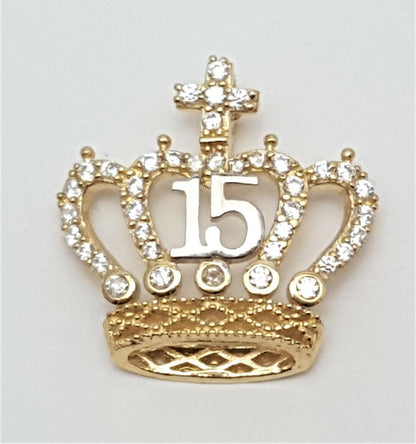 14K Two Tone Cubic Zirconia Quinceanera Crown Tiara 15 Charm Pendant