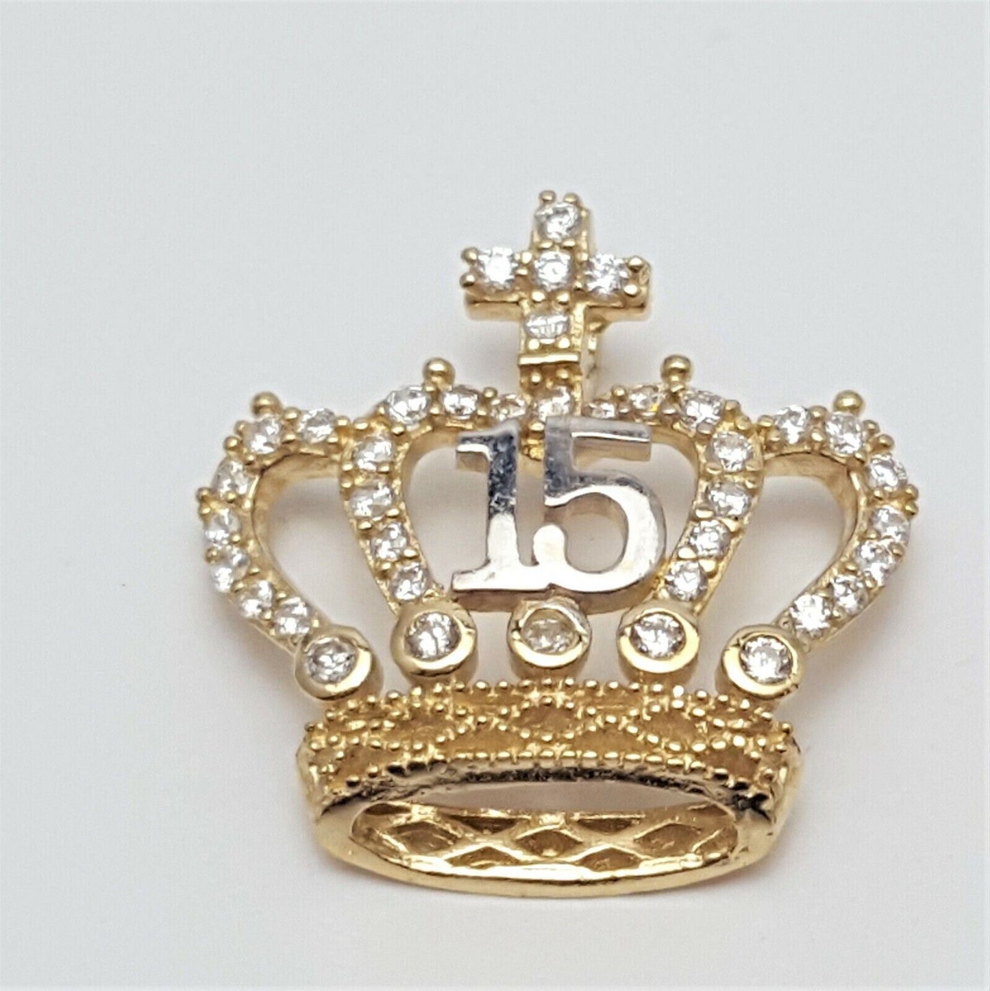 14K Two Tone Cubic Zirconia Quinceanera Crown Tiara 15 Charm Pendant