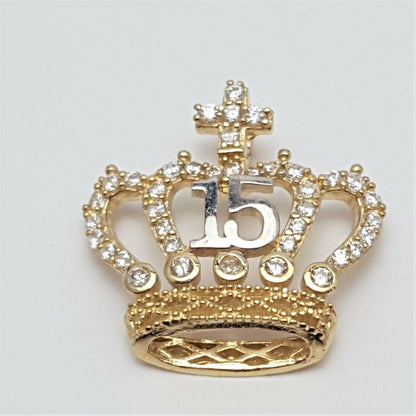 14K Two Tone Cubic Zirconia Quinceanera Crown Tiara 15 Charm Pendant