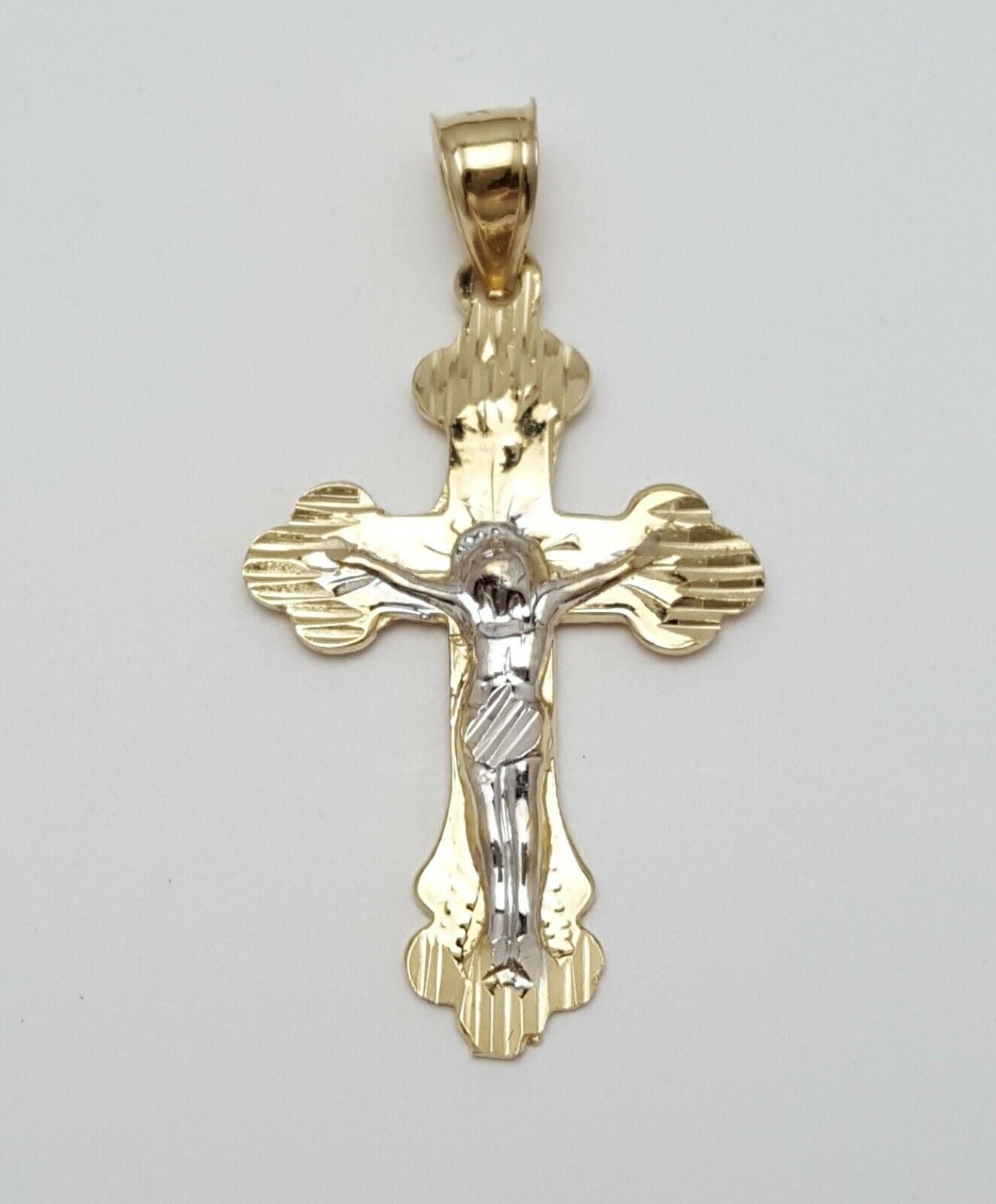 14K Solid Two Tone Gold Religious Jesus on Cross Charm Pendant