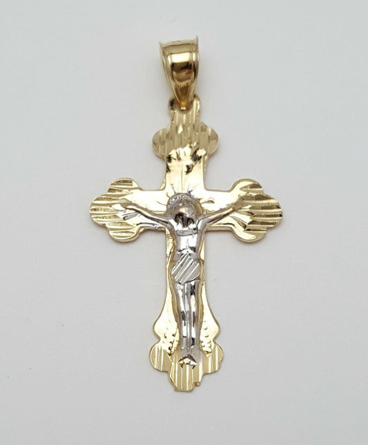 14K Solid Two Tone Gold Religious Jesus on Cross Charm Pendant