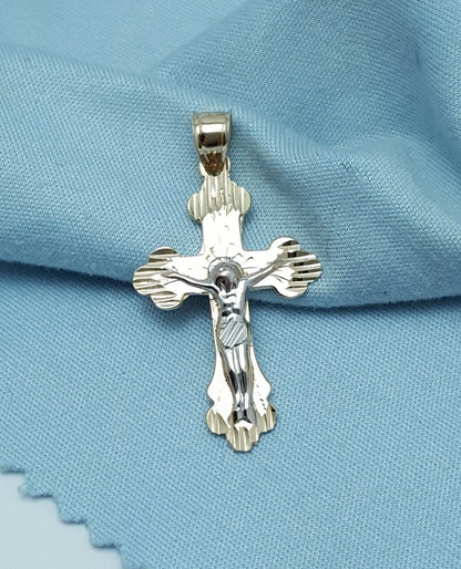 14K Solid Two Tone Gold Religious Jesus on Cross Charm Pendant