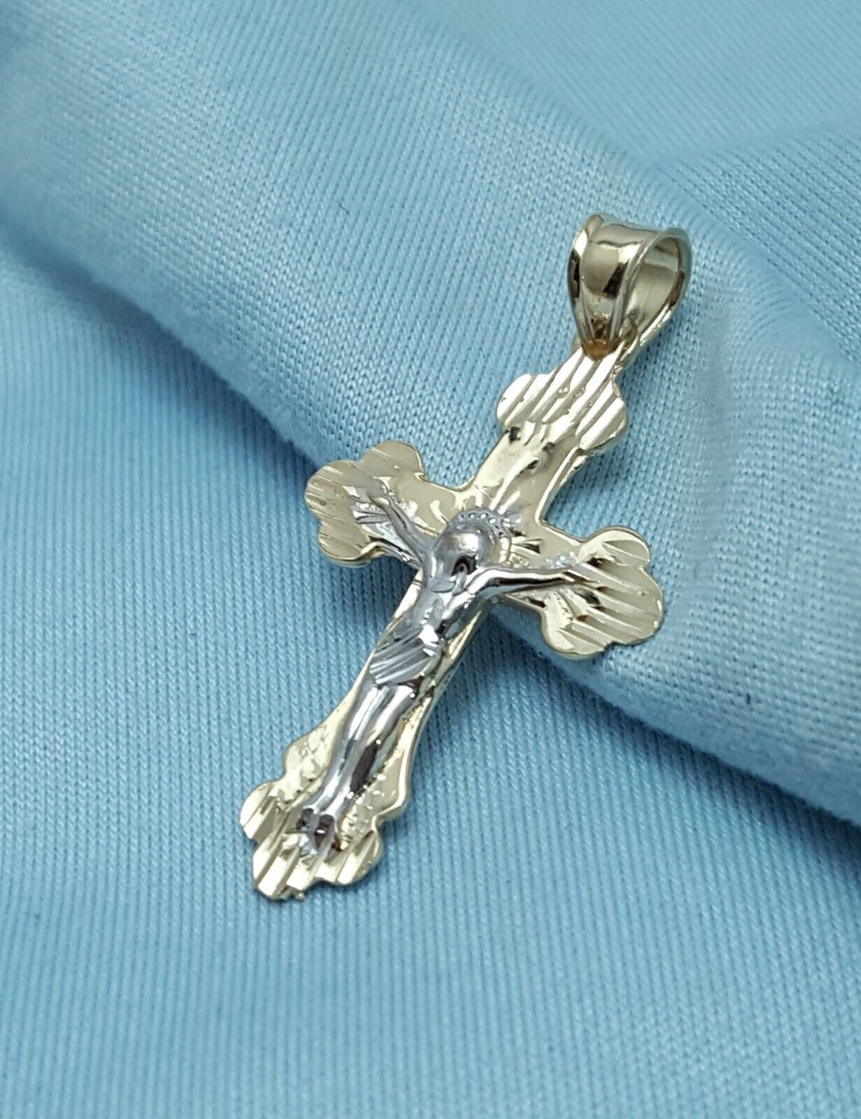 14K Solid Two Tone Gold Religious Jesus on Cross Charm Pendant