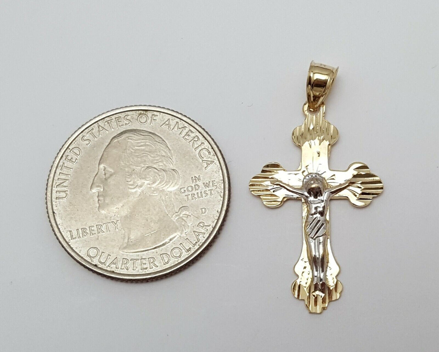 14K Solid Two Tone Gold Religious Jesus on Cross Charm Pendant