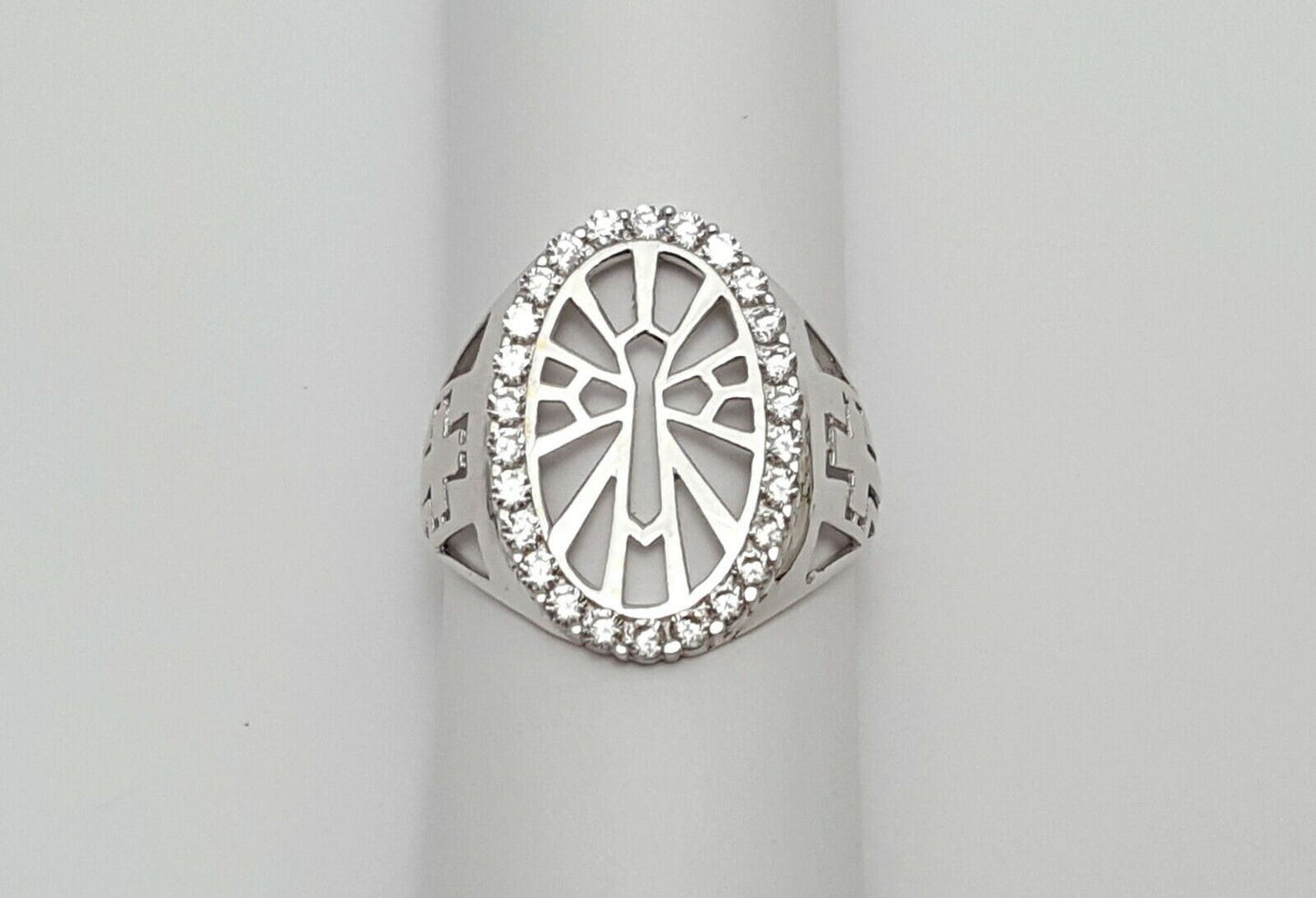 14K White Gold Designer Religious Cross Ring w/ Cubic Zirconias