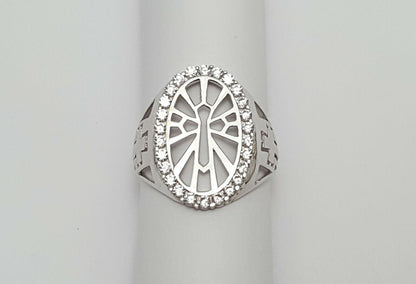 14K White Gold Designer Religious Cross Ring w/ Cubic Zirconias