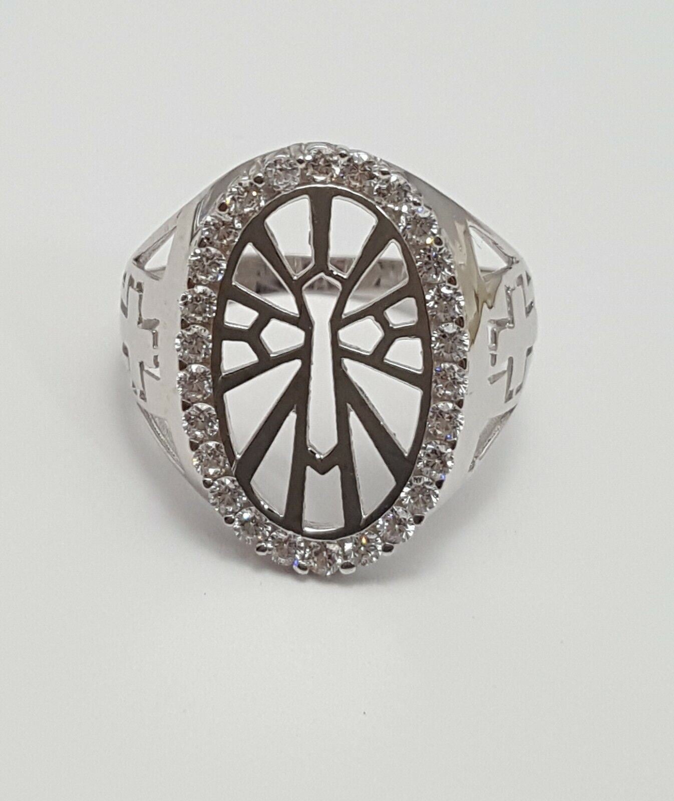 14K White Gold Designer Religious Cross Ring w/ Cubic Zirconias