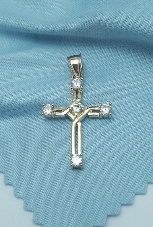 14K Solid Yellow Gold Religious Cubic Zirconia Cross Charm Pendant